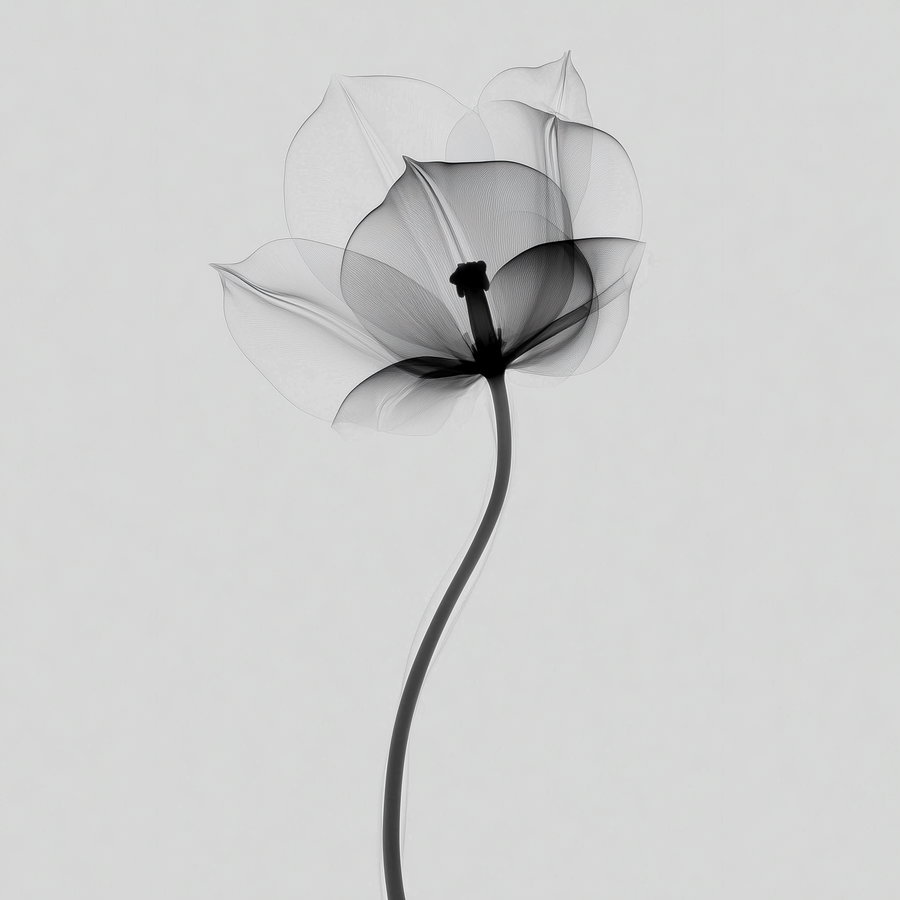 Black and white image of a single flower with translucent petals and a slender curved stem on a plain background