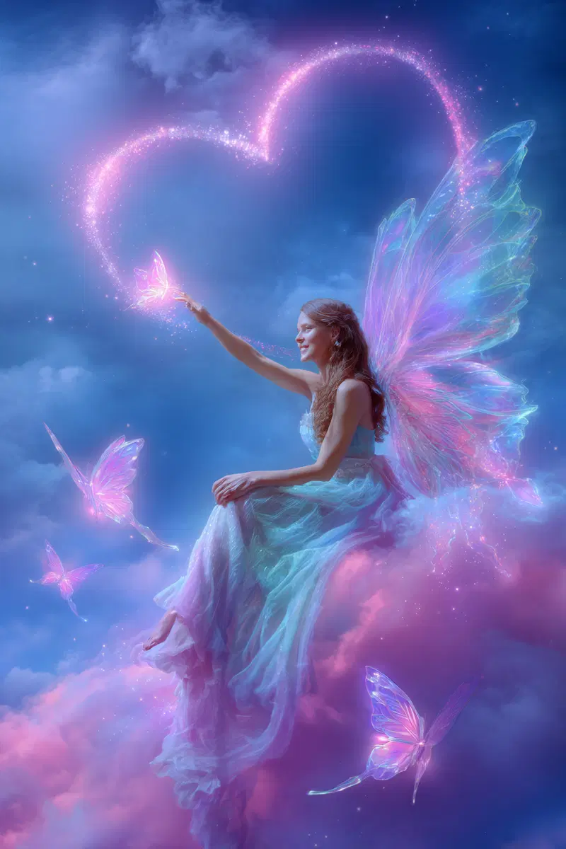 A fantasy scene of a fairy woman with glowing wings surrounded by magical butterflies and pink clouds