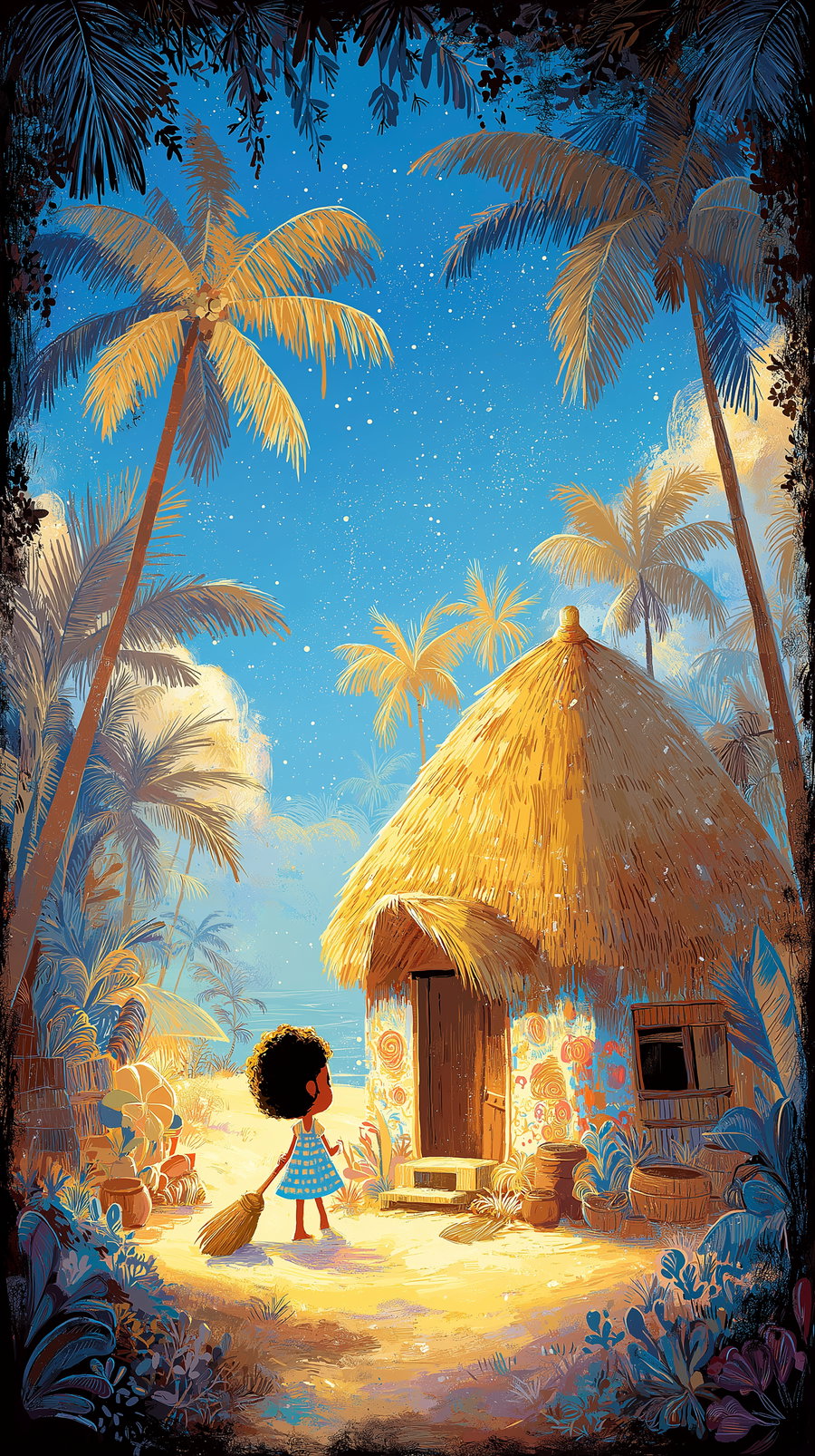 Illustration of a young girl with curly hair and a blue dress holding a broom, standing in front of a small thatched hut with painted walls, surrounded by palm trees and tropical plants under a starry blue sky