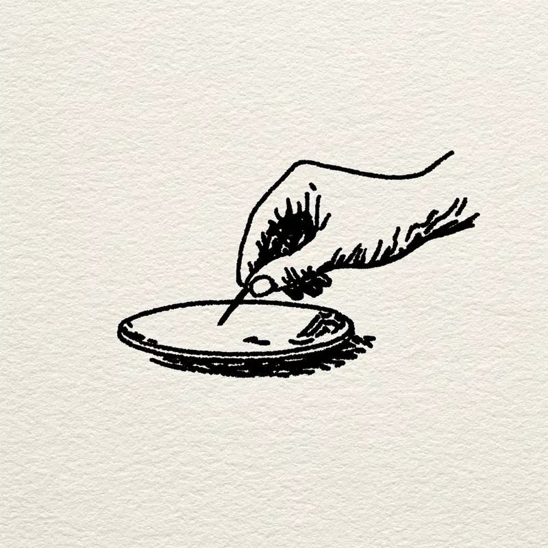 Minimalist ink drawing of a hand holding a pencil over a small circular surface