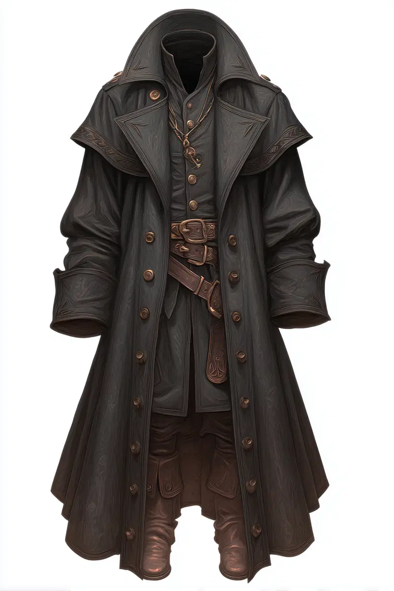 Detailed fantasy character outfit featuring layered leather and cloth garments with ornate buttons and belts