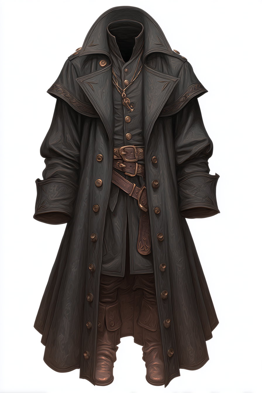 A headless figure dressed in dark fantasy clothing including a long coat with multiple buttons, a vest, belts, and boots