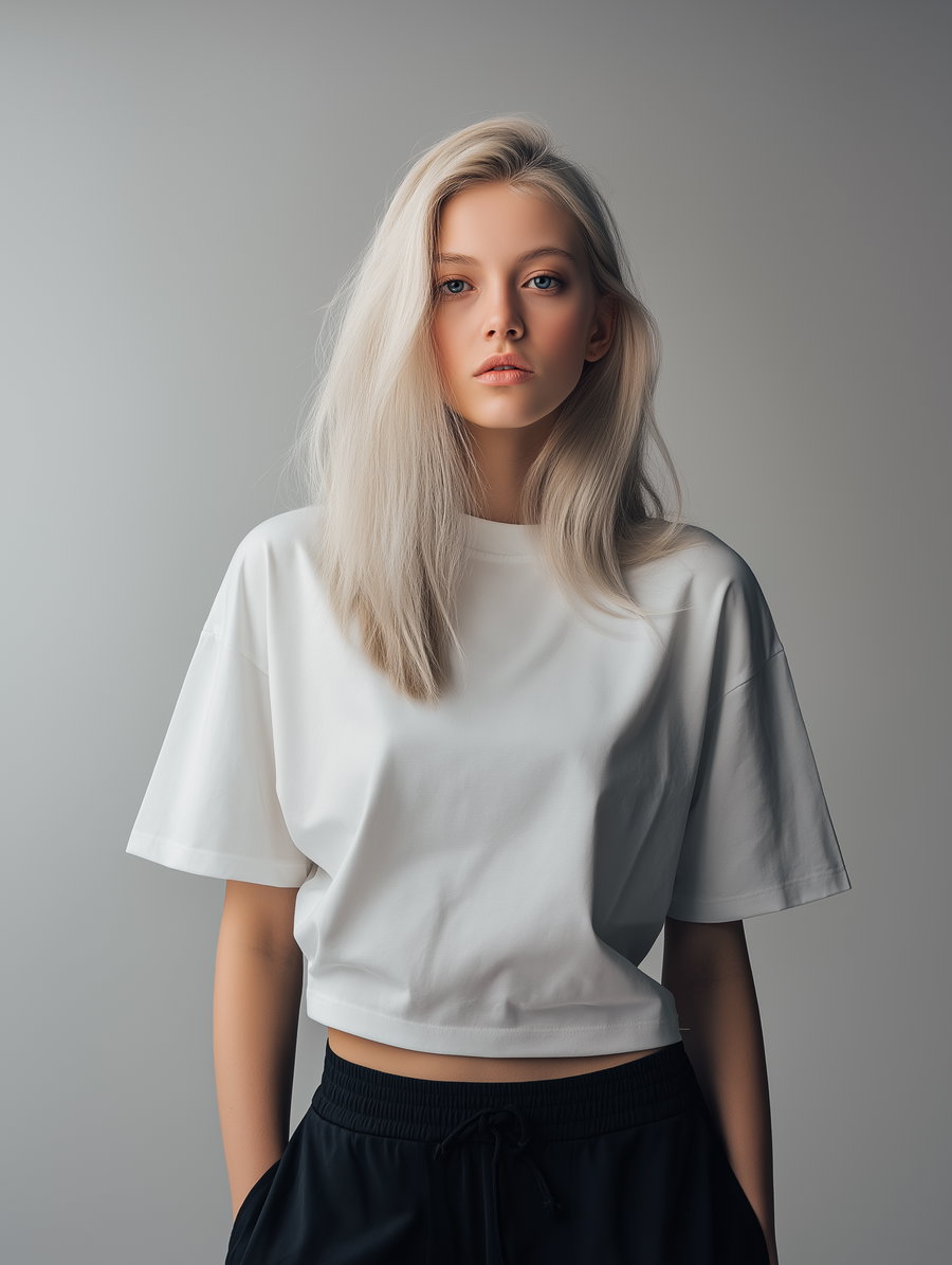 A blonde woman wearing a white loose short-sleeve shirt and black pants, standing against a plain gray background