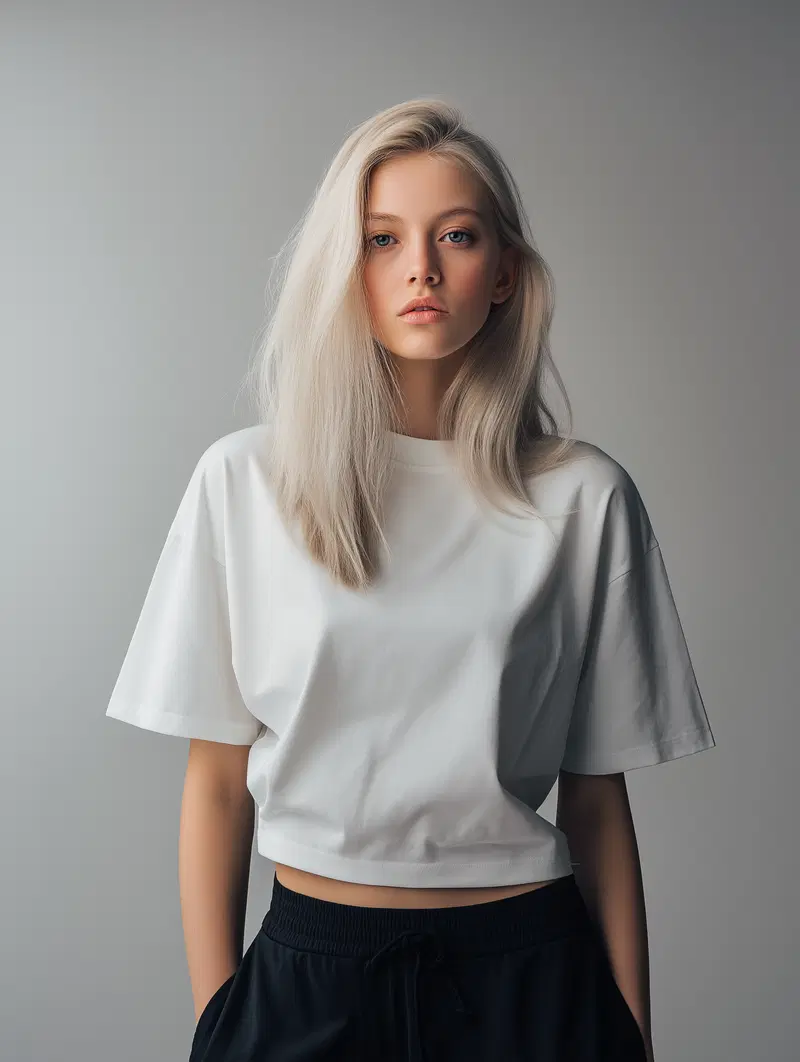 Contemporary portrait of a young woman with blonde hair in casual wear