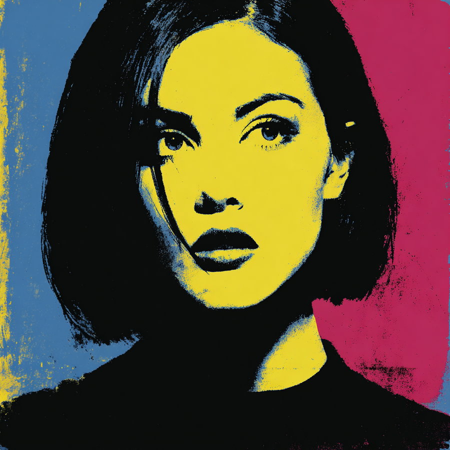 A colorful pop art portrait of a woman with short hair and a serious expression, featuring bright yellow face, blue and pink background, and black details.