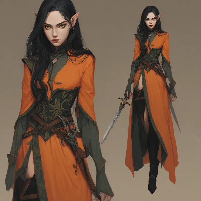Elegant female elf warrior in detailed orange and green fantasy attire holding a sword