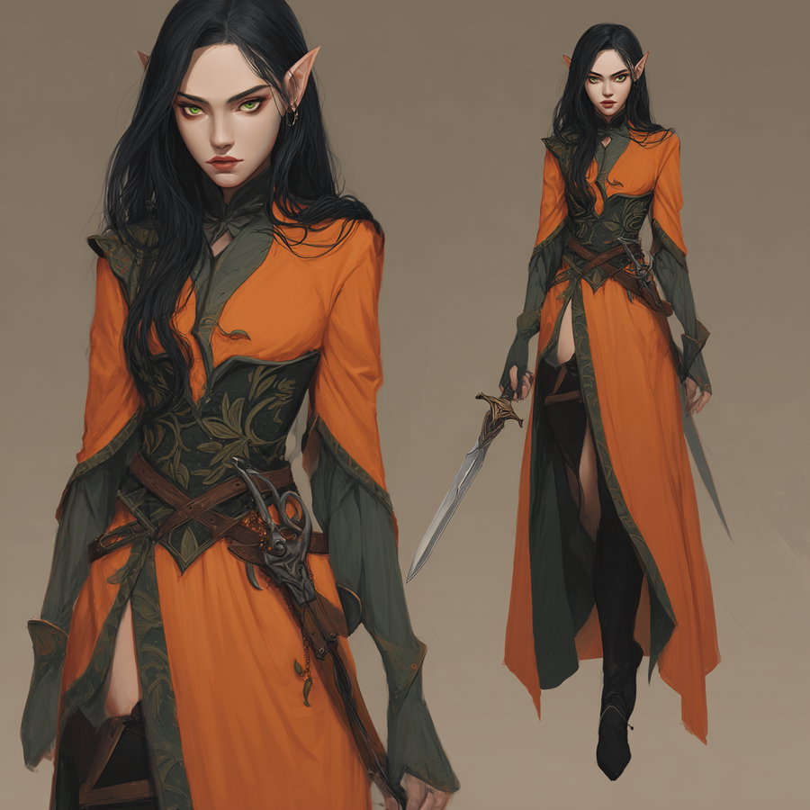 Artistic depiction of a female elf with long black hair, green eyes, and pointed ears, dressed in an orange and green gown with intricate patterns, holding a sword and a pistol holstered at her waist
