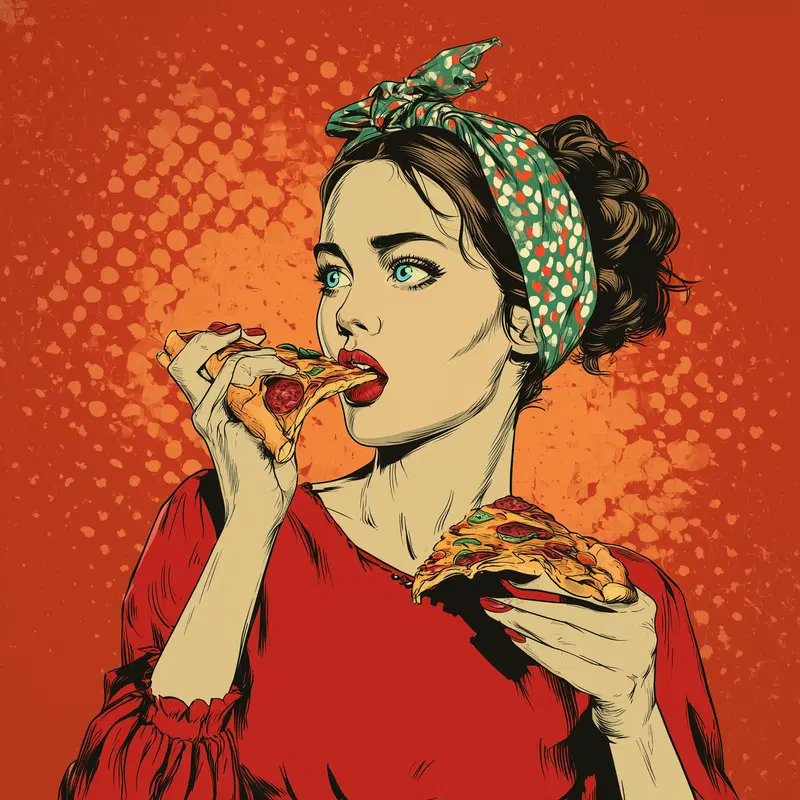 Illustration of a woman with a headscarf eating pizza with expressive gaze