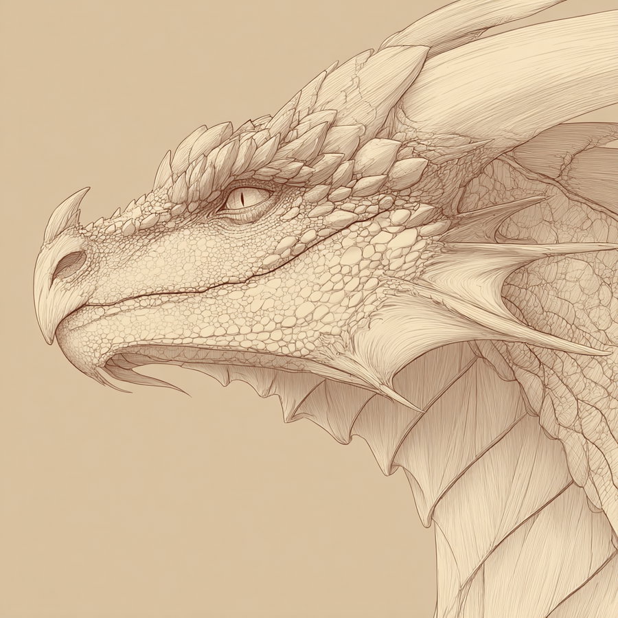 A finely detailed sepia-toned drawing of a dragon's head showing scales, spikes, an eye, and textured skin with horn-like protrusions