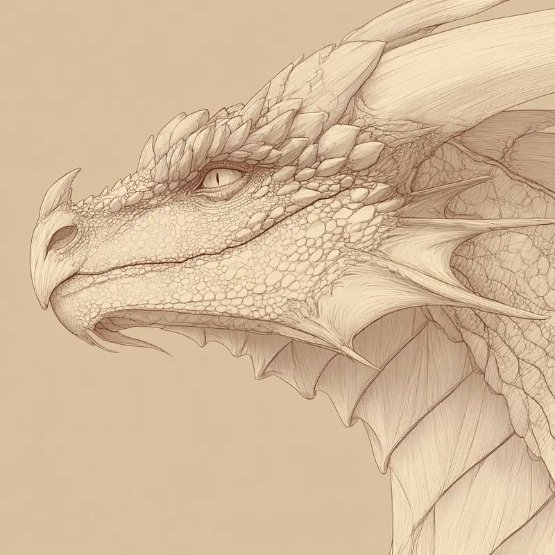 Detailed artistic drawing of a fantasy dragon's head in profile view