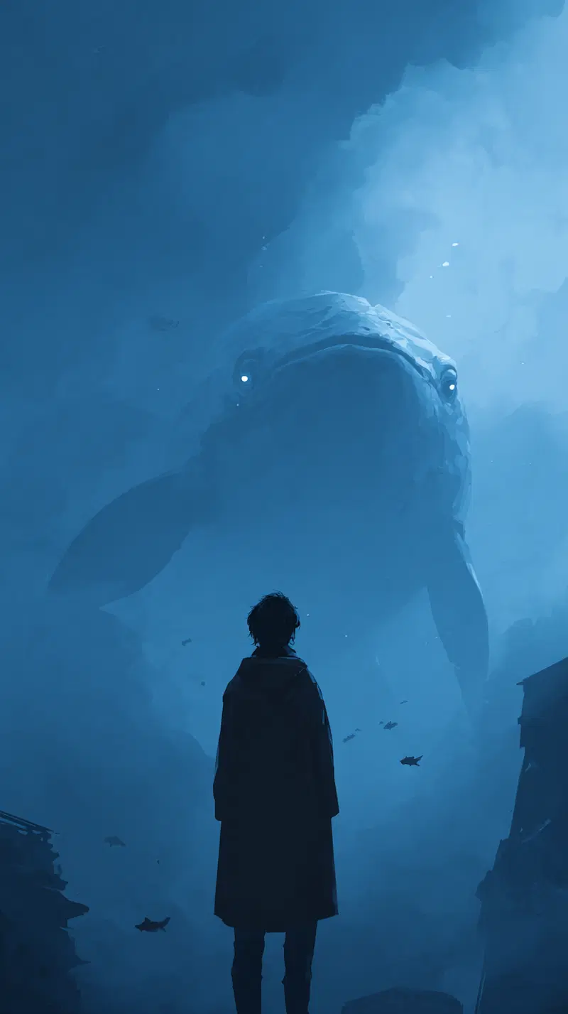 Enigmatic underwater scene with a giant whale-like creature facing a solitary figure
