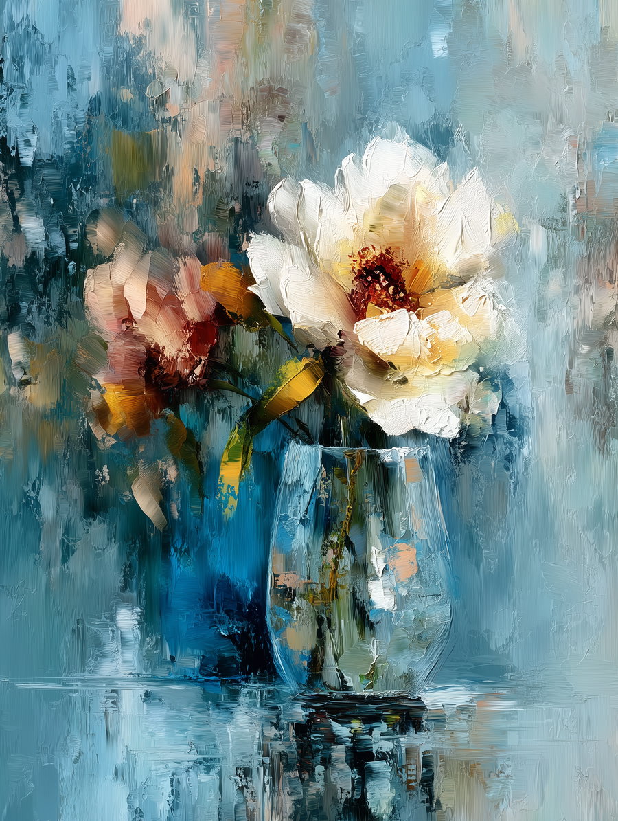 Abstract impressionist painting showing a close-up of white and peach flowers in a clear glass vase with a textured blue and neutral background.