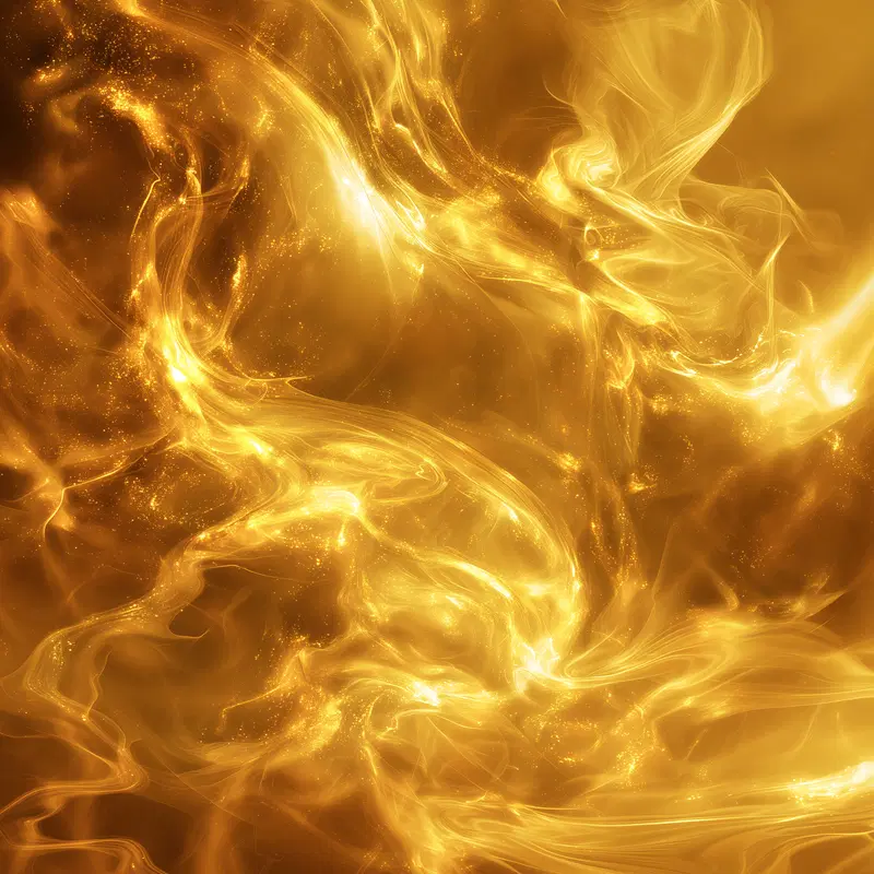 Golden glowing abstract swirls and shimmering particles in a fluid motion