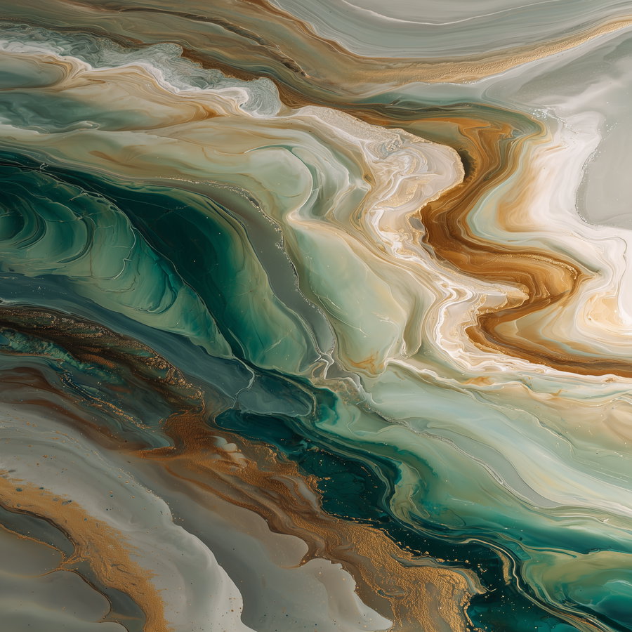An abstract painting with flowing, marbled patterns in shades of green, gold, beige, and gray creating a fluid, wave-like effect.