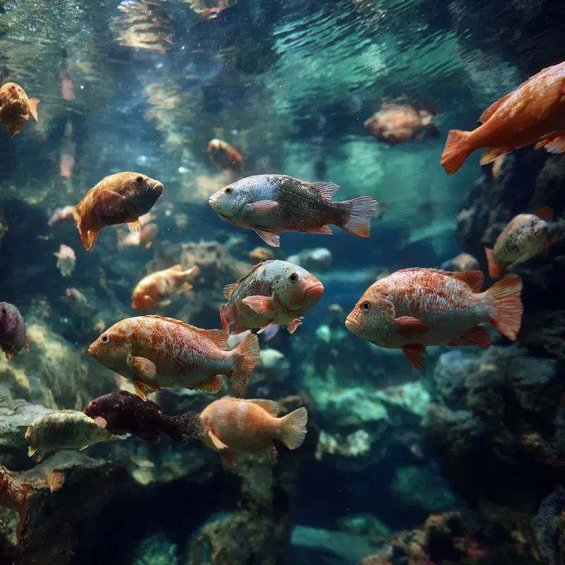 Underwater view of various colorful fish swimming in the ocean