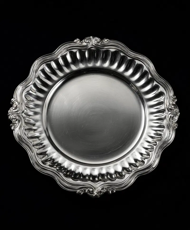 Elegant antique silver serving tray with ornate scalloped edges