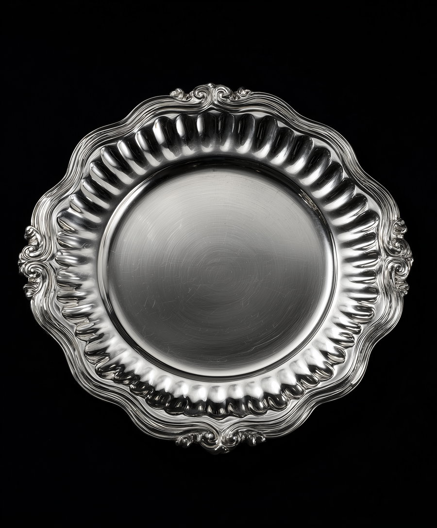 A polished silver serving tray with intricate ornate scalloped edges placed on a black background