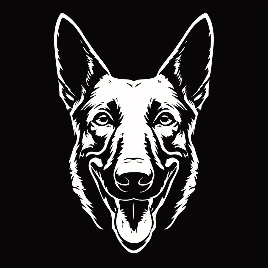 Black and white graphic portrait of a German Shepherd dog with tongue out and large ears, on a black background