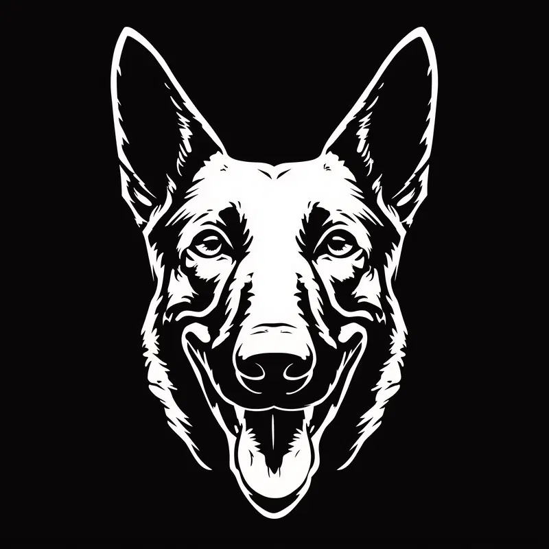 Black and white digital illustration of a happy German Shepherd dog head