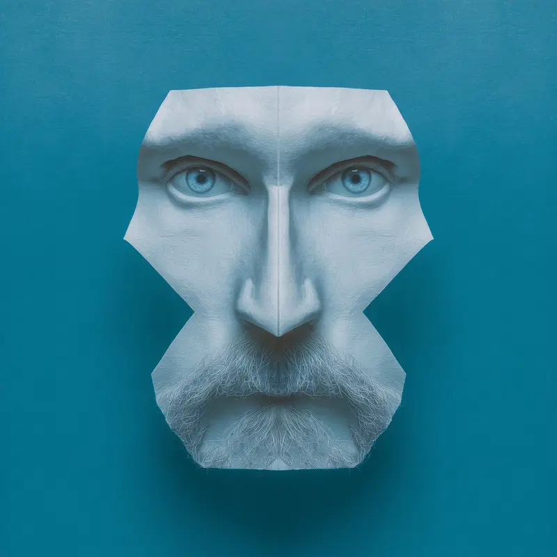 Abstract blue-toned sculptural portrait of a man with detailed facial features