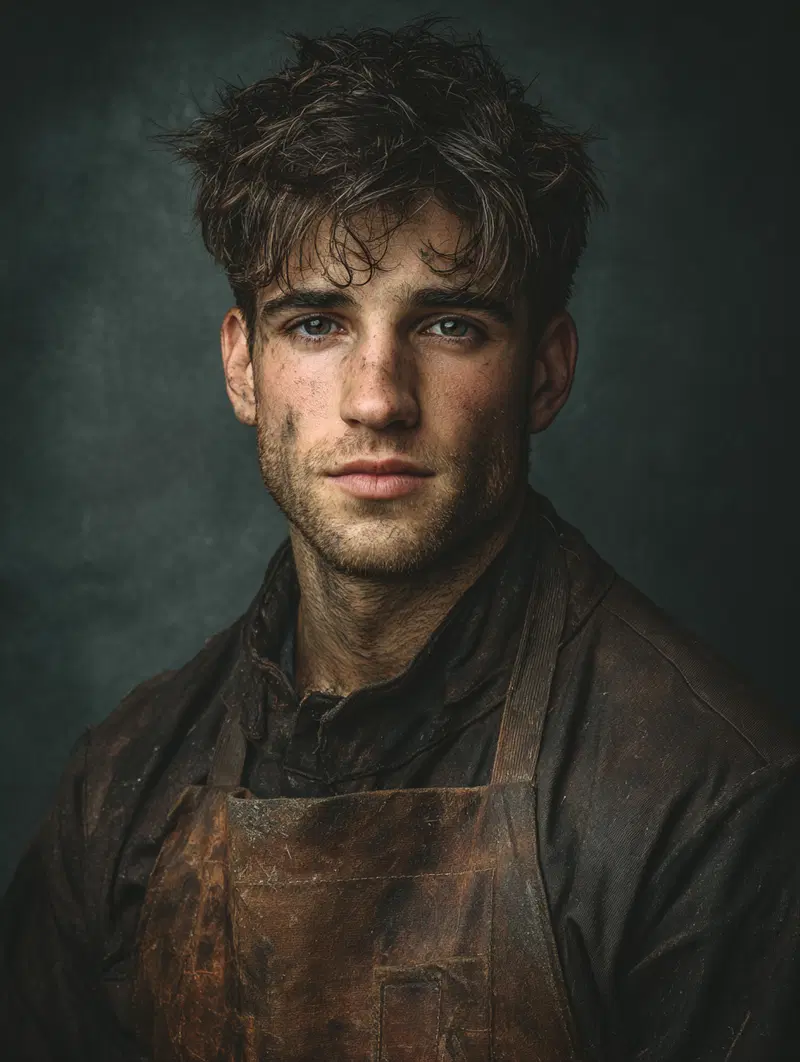 Realistic portrait of a young man with dirt on his face and worn apron
