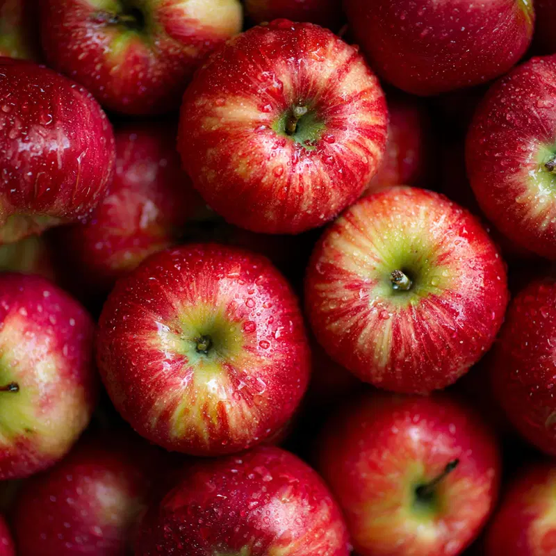 Close-up of fresh red apples with water droplets packed together