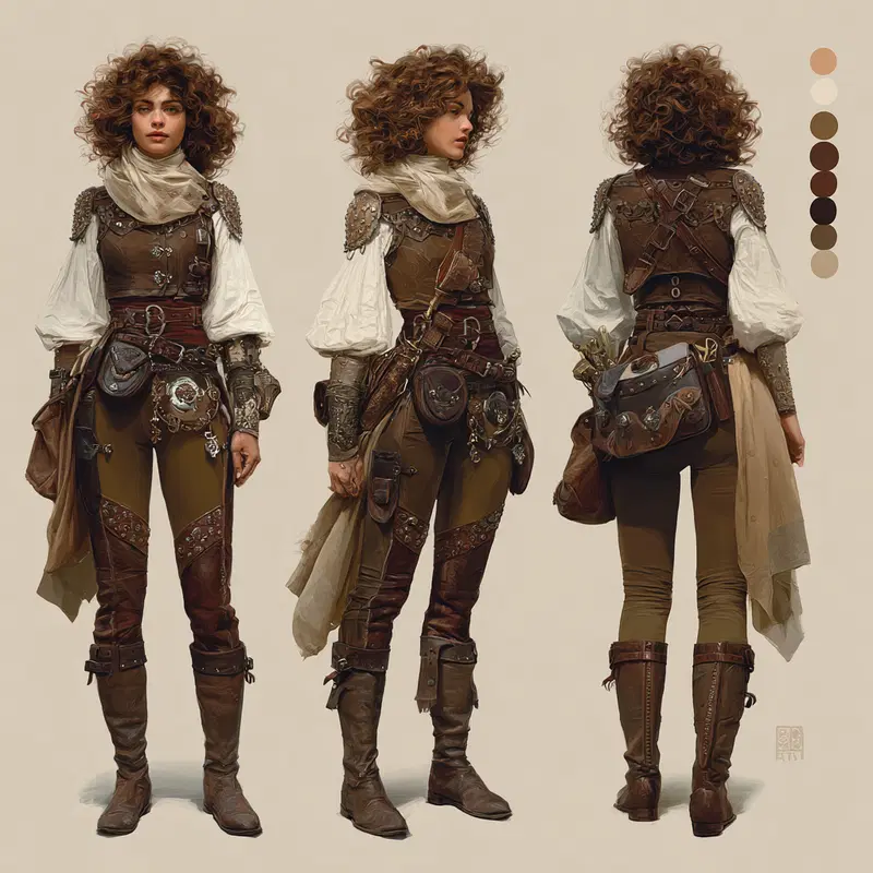 Detailed character design of a female adventurer in fantasy attire with multiple views