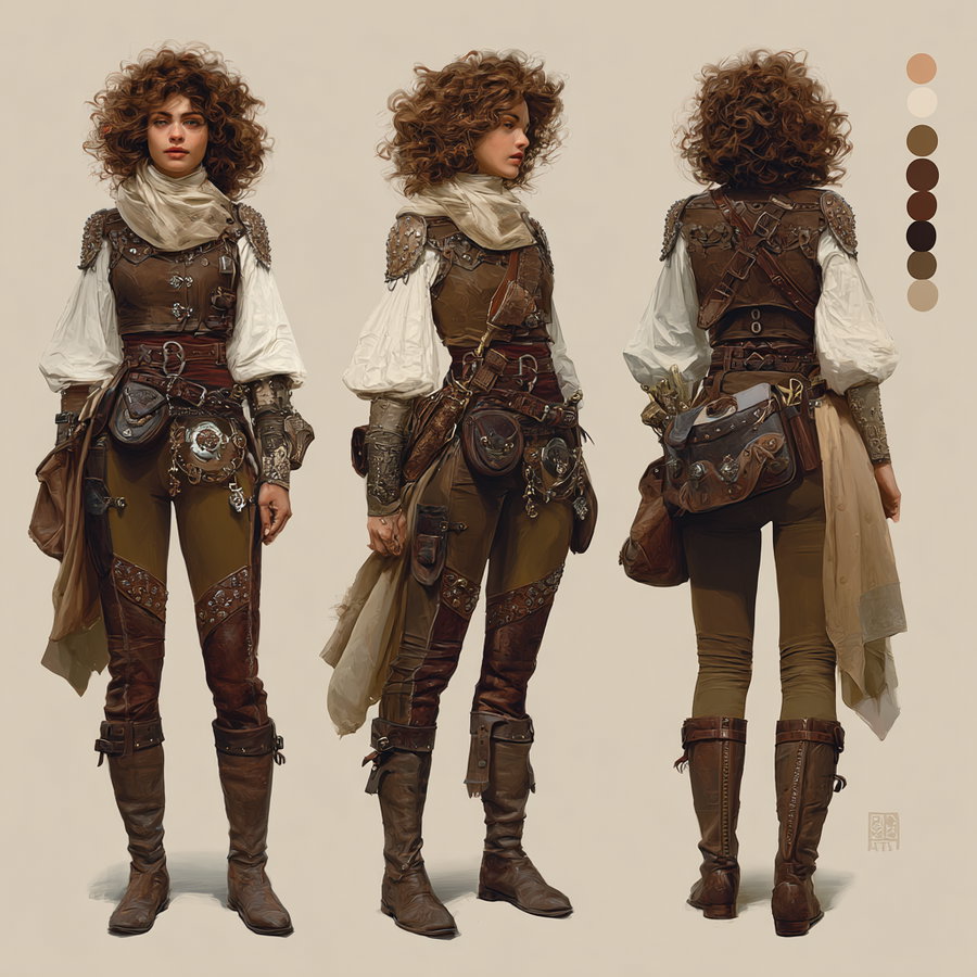 Illustration showing a female fantasy character standing in three different views: front, side, and back, wearing detailed leather armor with pouches, belts, and boots, along with a white blouse and curly hair, on a plain background with a color palette on the right.