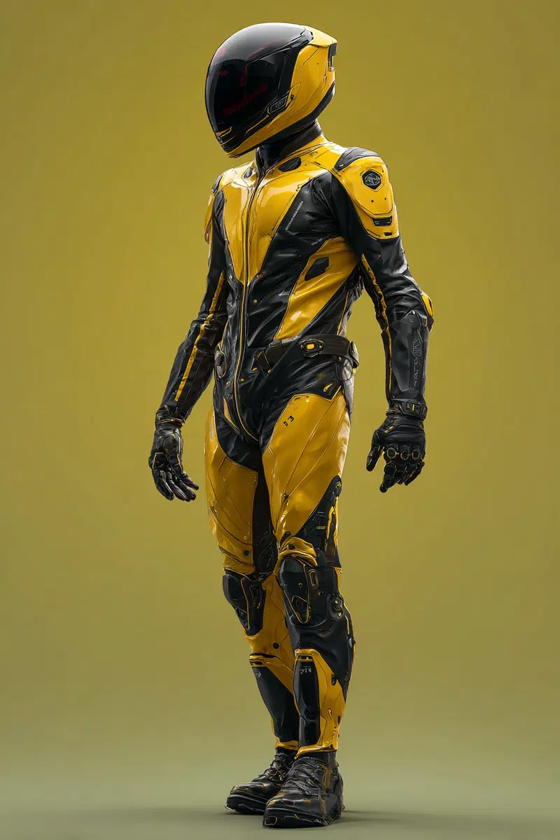 Detailed futuristic armored suit in yellow and black with sleek helmet