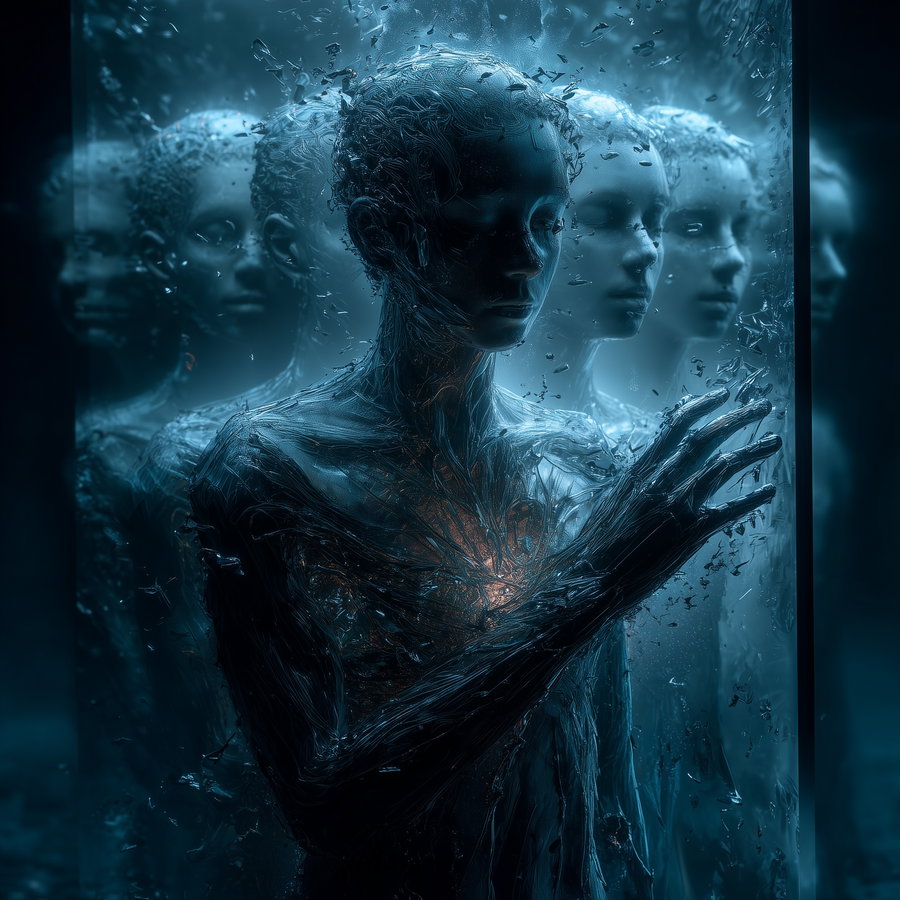 A dark, surreal scene showing multiple humanoid figures with textured, fragmented surfaces in a blue glowing environment, one figure reaching out with illuminated chest