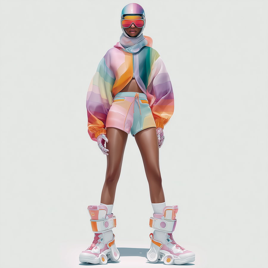 A full-body portrait of a woman wearing a vibrant multicolored jacket, matching shorts, a helmet, futuristic sunglasses, gloves, and roller skates with a plain light background