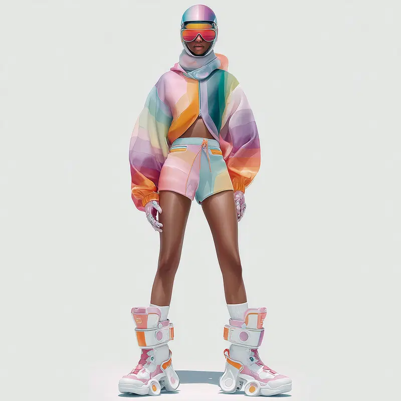 Stylish woman in colorful retro-inspired roller skates and outfit