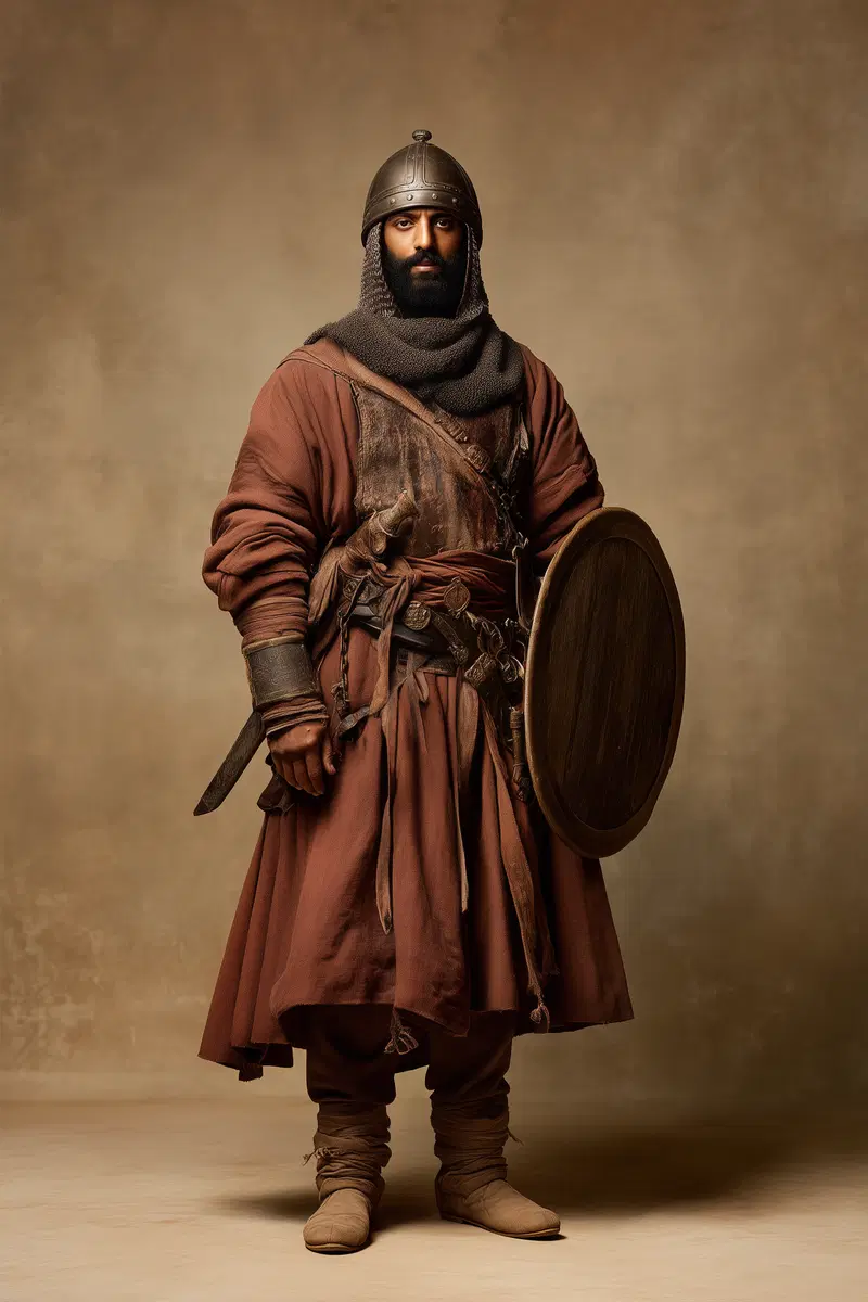 Detailed portrait of a man dressed as a medieval warrior with armor and shield