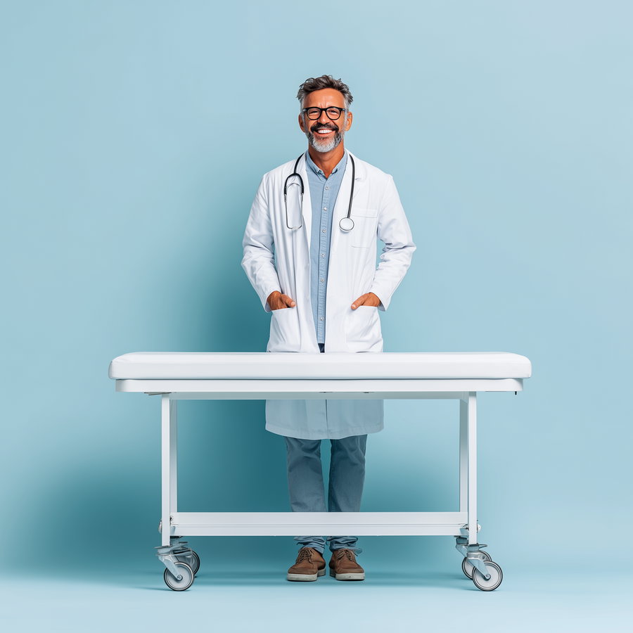A middle-aged man with glasses and a beard wearing a white lab coat and stethoscope, smiling and standing behind a white medical exam table against a light blue background.