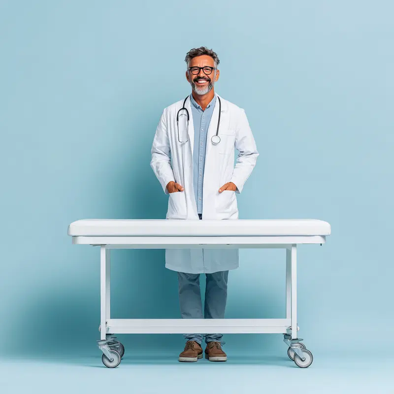 Smiling male doctor in white coat standing behind a medical examination table