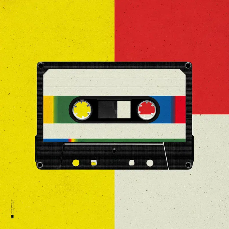 Detailed illustration of a vintage cassette tape with colorful stripes on a divided background