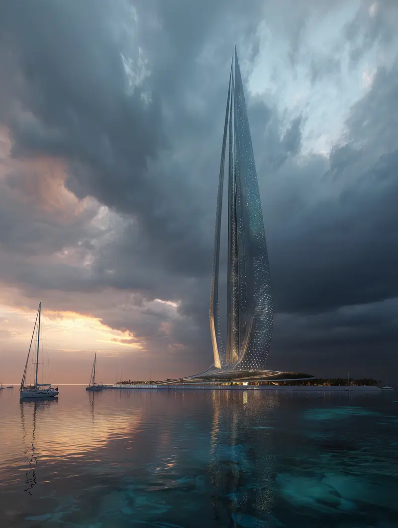 Futuristic towering skyscraper on a coastal waterfront at sunset
