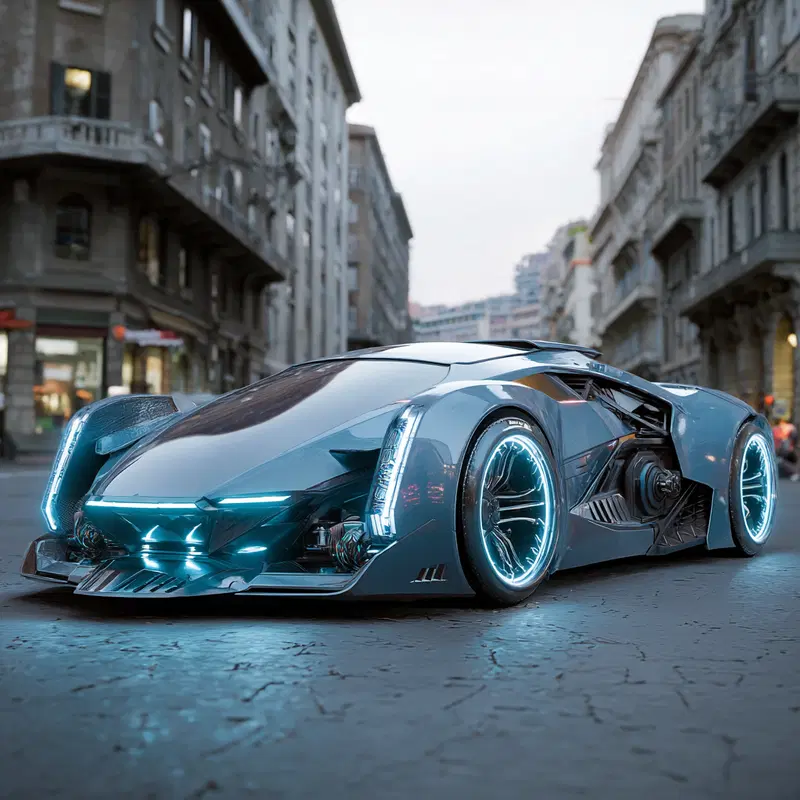 Sleek futuristic sports car design with glowing blue accents in city
