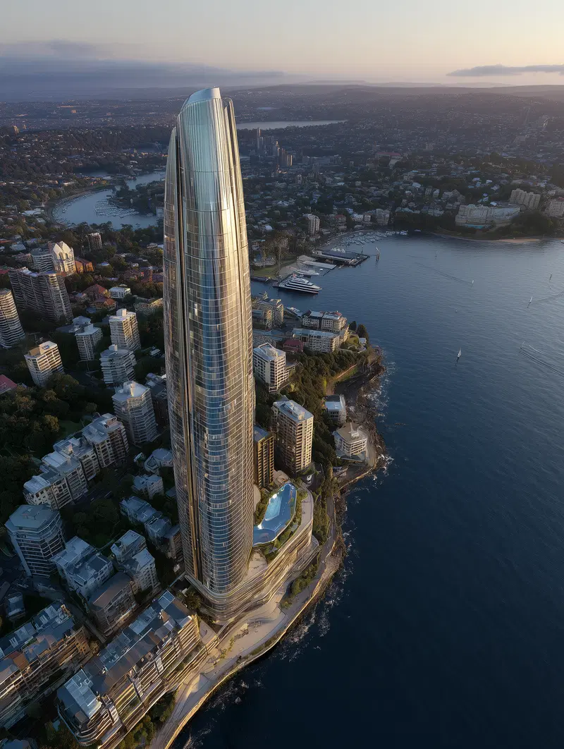 Aerial view of a modern skyscraper with glass facade next to waterfront