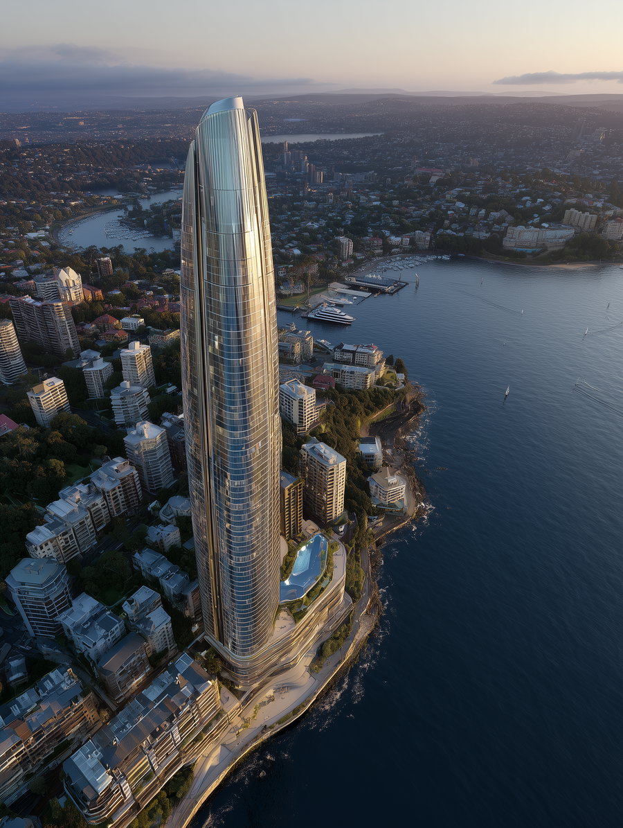 Tall, sleek glass skyscraper surrounded by other buildings near a body of water with boats and a marina at sunset