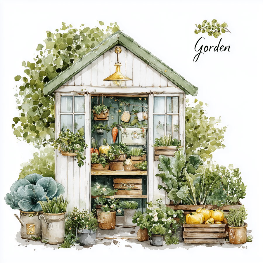 Watercolor style illustration of a small garden shed with green roof and white walls, filled and surrounded by potted plants including leafy greens, flowers, and yellow pumpkins, with lush foliage in the background