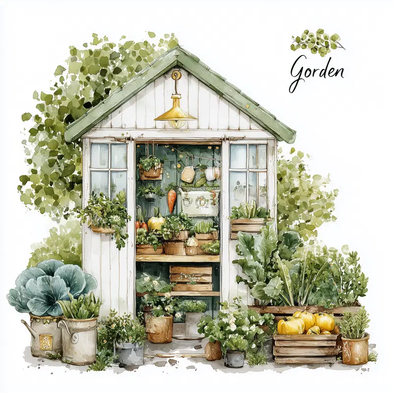 Charming garden shed surrounded by potted plants and fresh vegetables
