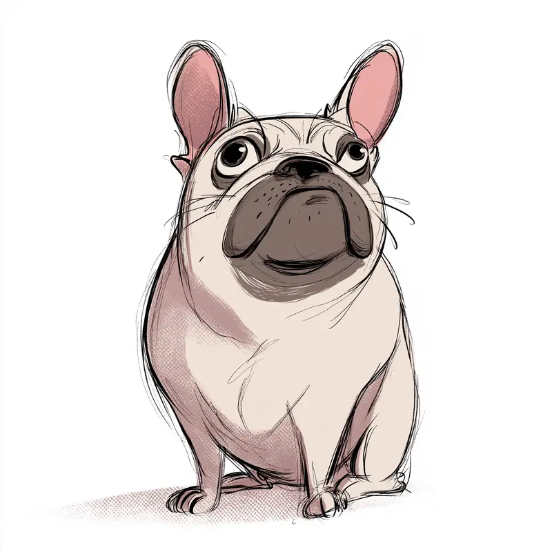 Expressive sketch of a cute sitting French Bulldog with large eyes