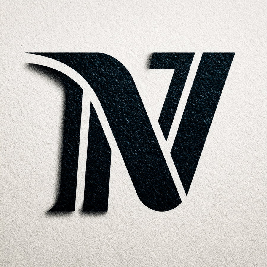 Stylized black letters N and V combined as a logo on textured white paper background