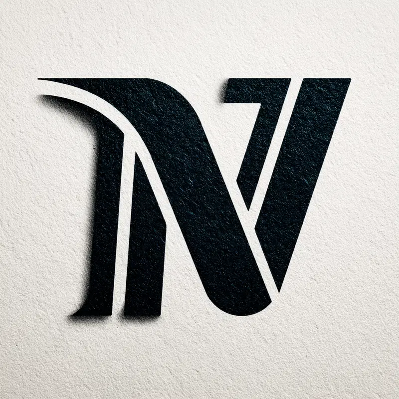 Black stylized letter NV logo with shadow on textured paper