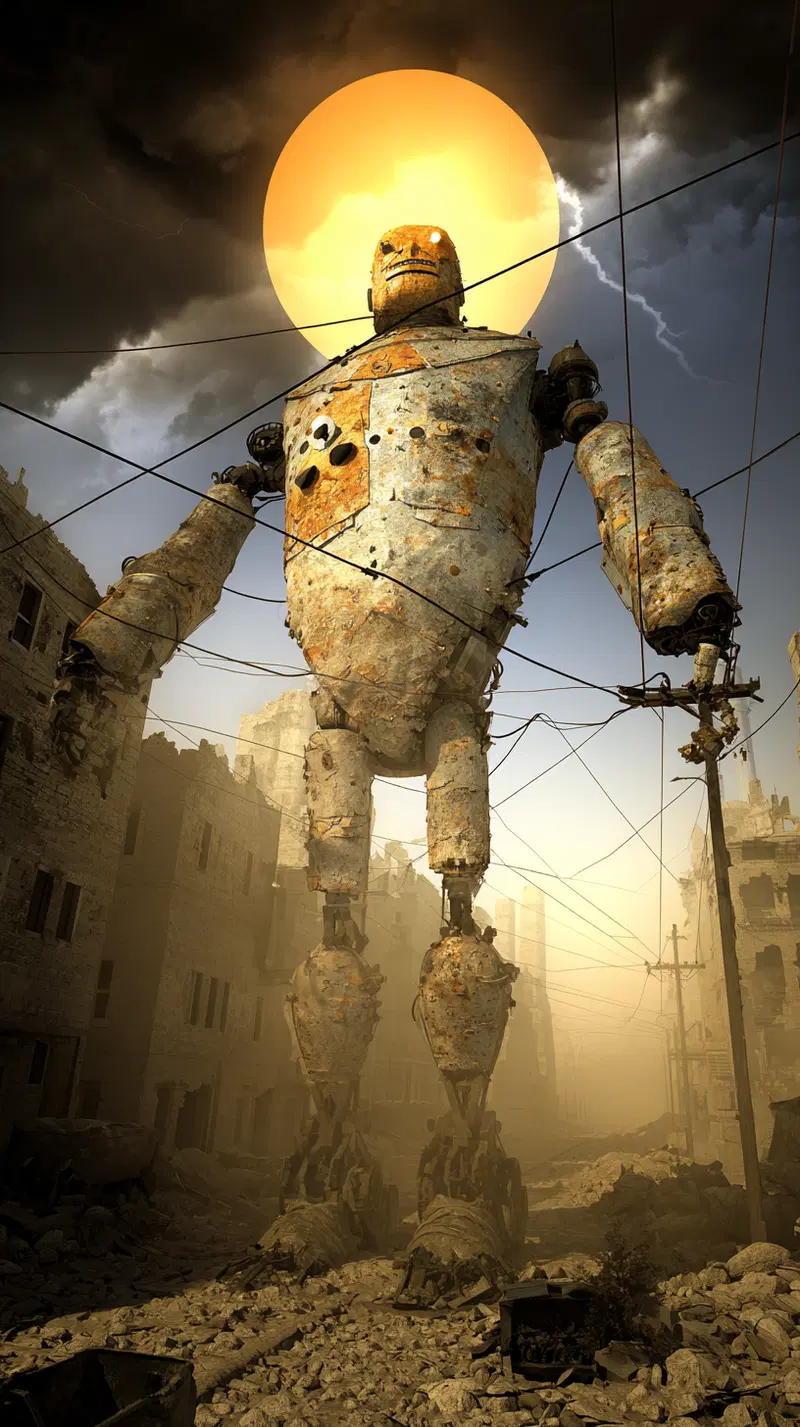 Rusty giant robot walking through a ruined cityscape with a dramatic sun behind