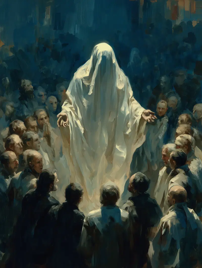 Mysterious ghostly figure in white robe surrounded by attentive crowd in dark setting