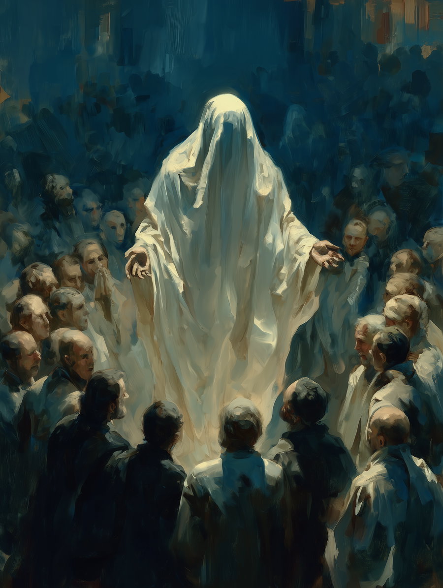 A ghostly figure draped in a white robe with no visible face stands with outstretched hands while a crowd of people dressed in dark and light clothing watch around it in a dimly lit environment.