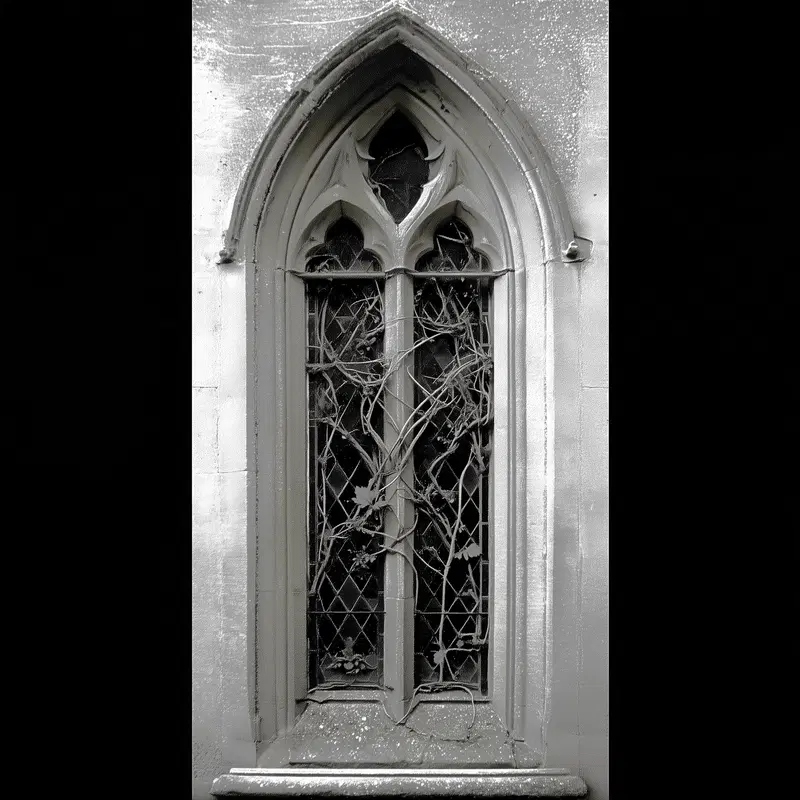 Black and white photo of an old gothic-style window with vines