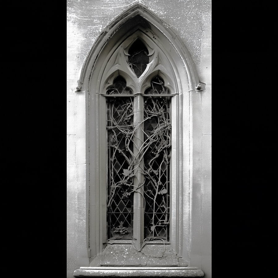 An old gothic-style arched window with intricate lattice design and vines growing over it, in black and white.